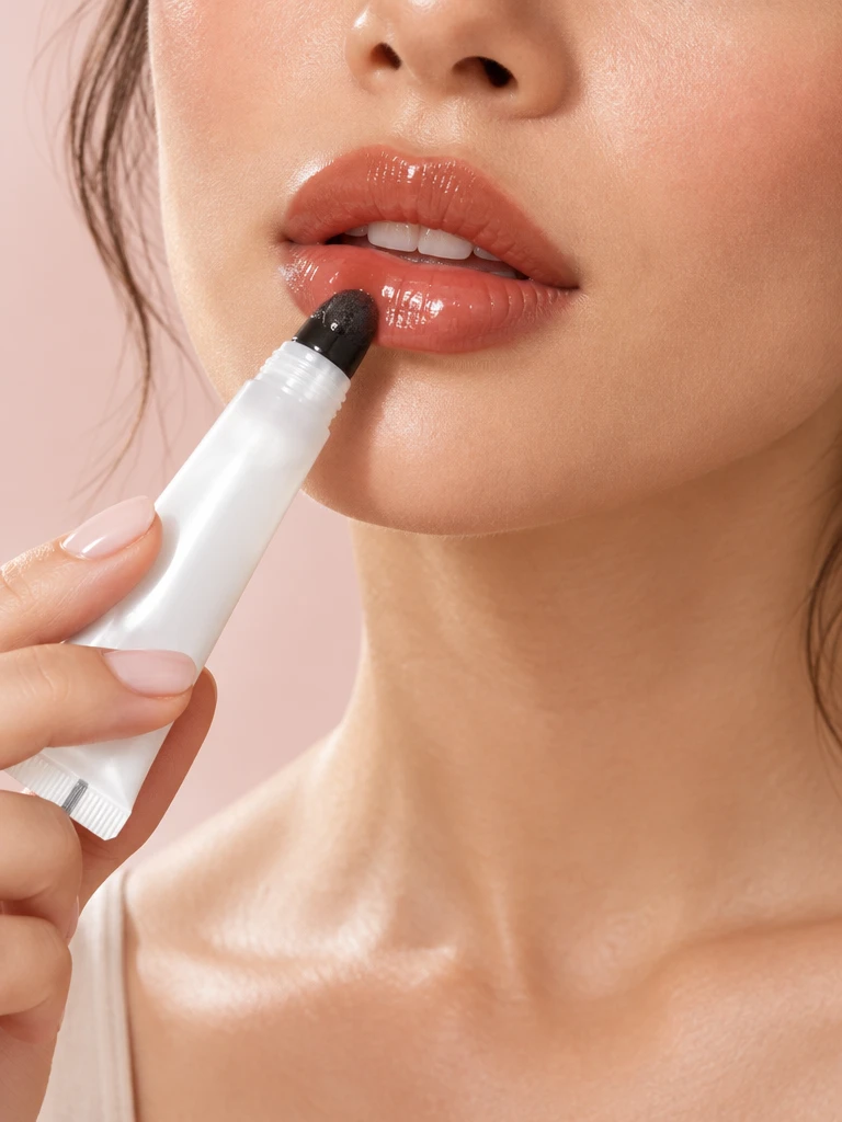 Applying a glossy lip oil in a warm terracotta tint